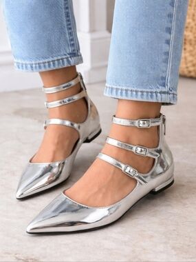 NWT I.N.C Valan Silver Metallic Pointed Toe Mary Jane Flats Sz 6 Triple Strap Ch